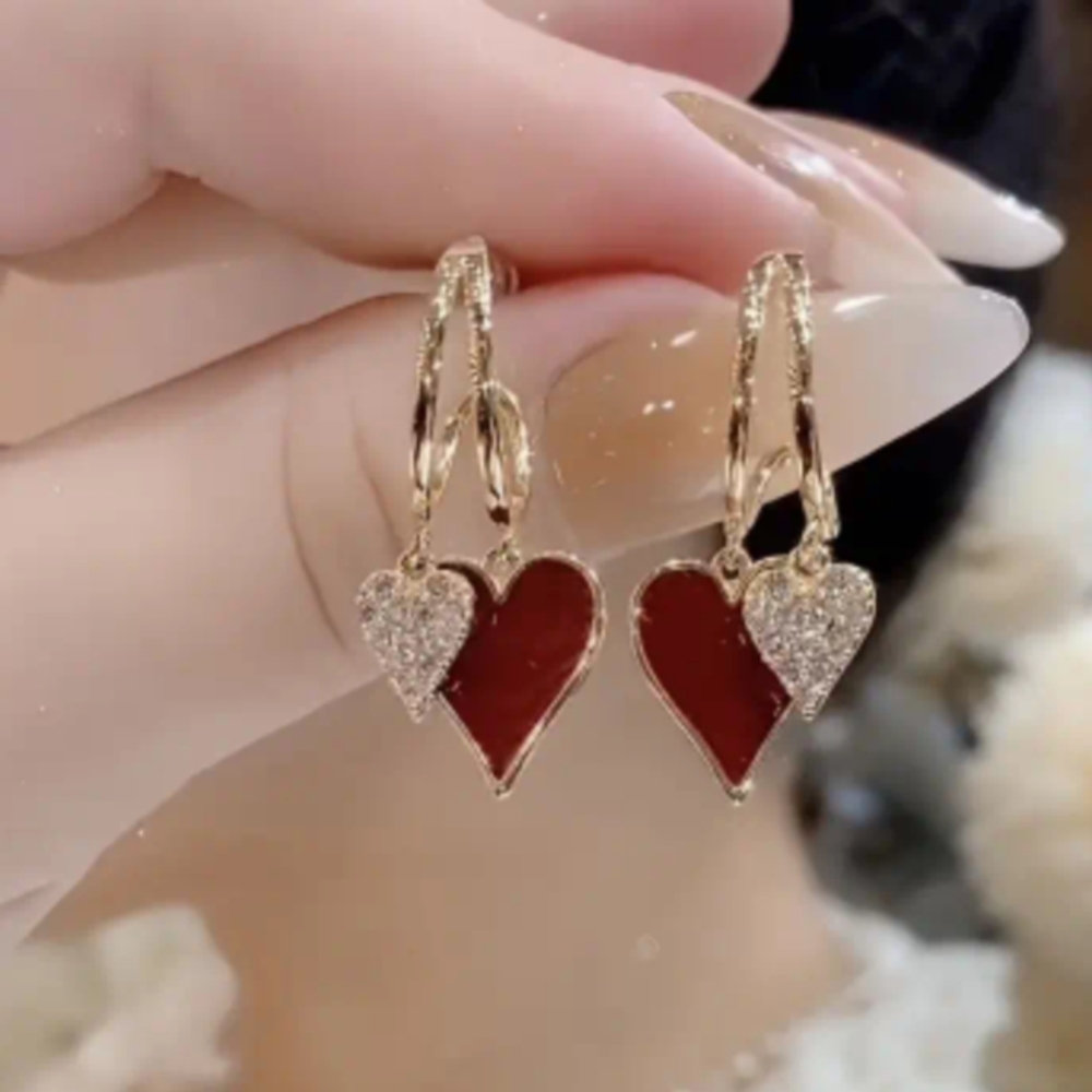 Gold and Red Heart Dangle Earrings NWOT